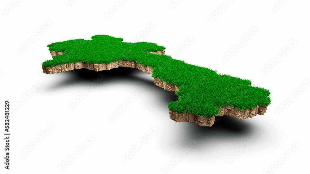 Poster 3d rendering of the laos-shaped map with grass and soil texture isolated on a white background