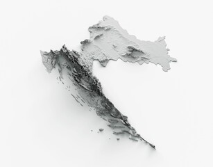 3D grayscale rendering of the Croatia-shaped topography map isolated on a white background