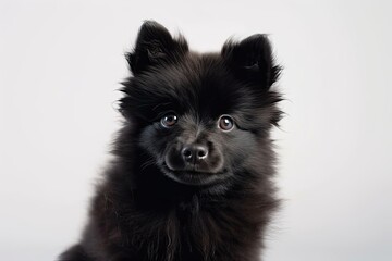White backdrop with a cute black puppy with fluffy hair in the foreground. Generative AI