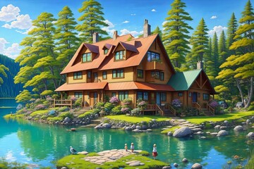 Anime-style house in nature landscape [AI Generated]