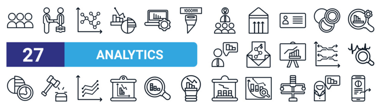set of 27 thin line analytics icons such as customer, deal, dot, stock market, email analytics, auction, business plan, mobile stock data vector icons for mobile app, web design.