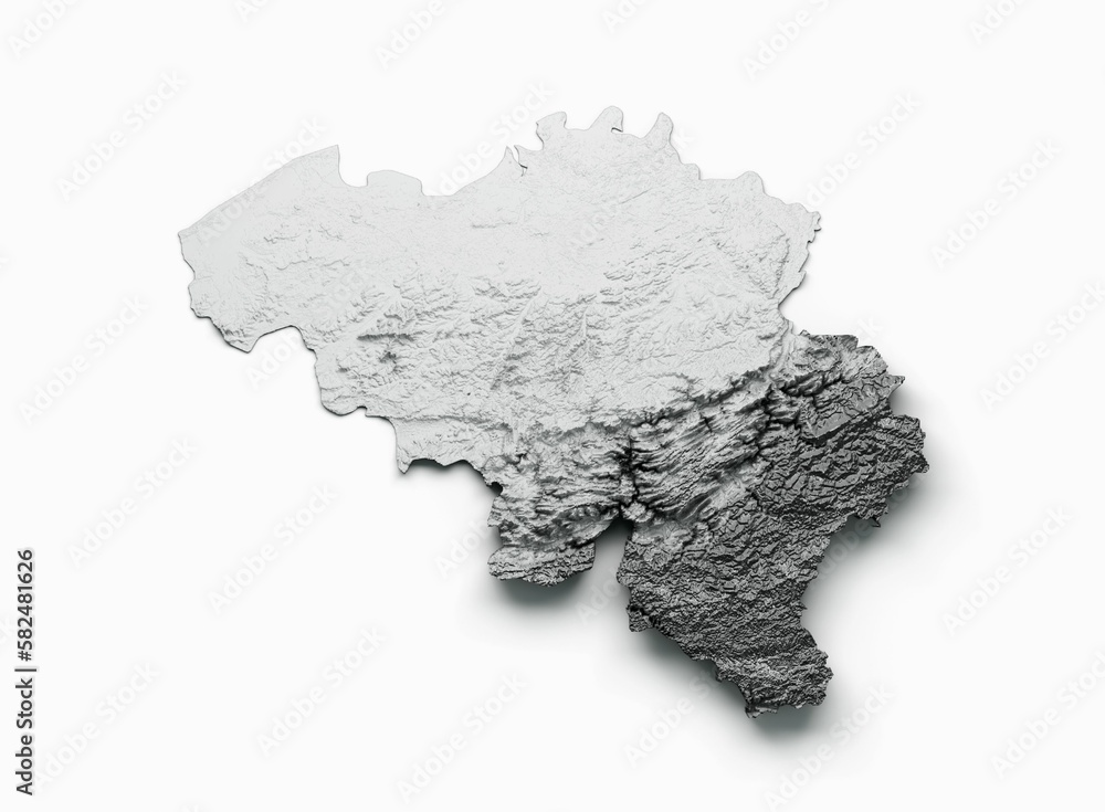 Poster 3d rendering of belgium map with gray shaded relief isolated on white background.