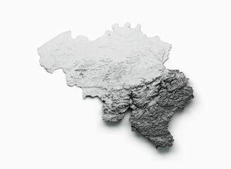 3d rendering of Belgium map with gray shaded relief isolated on white background.