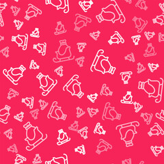 White line Christmas santa claus sleigh with sack bag icon isolated seamless pattern on red background. Merry Christmas and Happy New Year. Vector