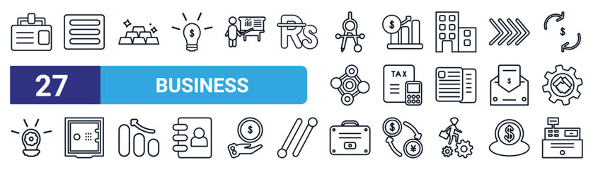 set of 27 thin line business icons such as journalist id card, basic burger, stack of gold, deficit, tax calculate, big safe, rectangular briefcase, cashbox vector icons for mobile app, web design.