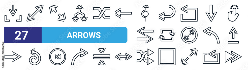Poster set of 27 thin line arrows icons such as download arrow with line, diagonal, diagonal resize, left c