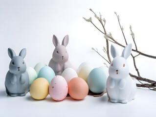 Naklejka na ściany i meble Easter bunnies with easter eggs. Pottery toys.