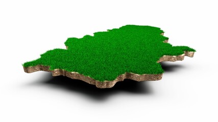 3D illustration of the Serbia map soil land geology cross section with green grass