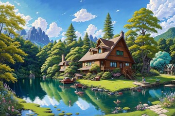 Fototapeta na wymiar Anime-style house in nature landscape [AI Generated]