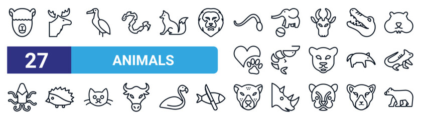 set of 27 thin line animals icons such as alpaca, elk, albatross, elephant on a ball, prawn, porcupine, cheetah, polar bear vector icons for mobile app, web design. © Digital Bazaar