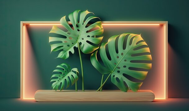  A Green Wall With A Neon Frame And Two Monster Leaves.  Generative Ai