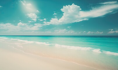 Fototapeta na wymiar a sandy beach with a blue sky and ocean in the background. generative ai