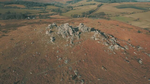 Aerial drone shot of Hound Tor rocky landscape in Dartmoor National Park, Devon, UK