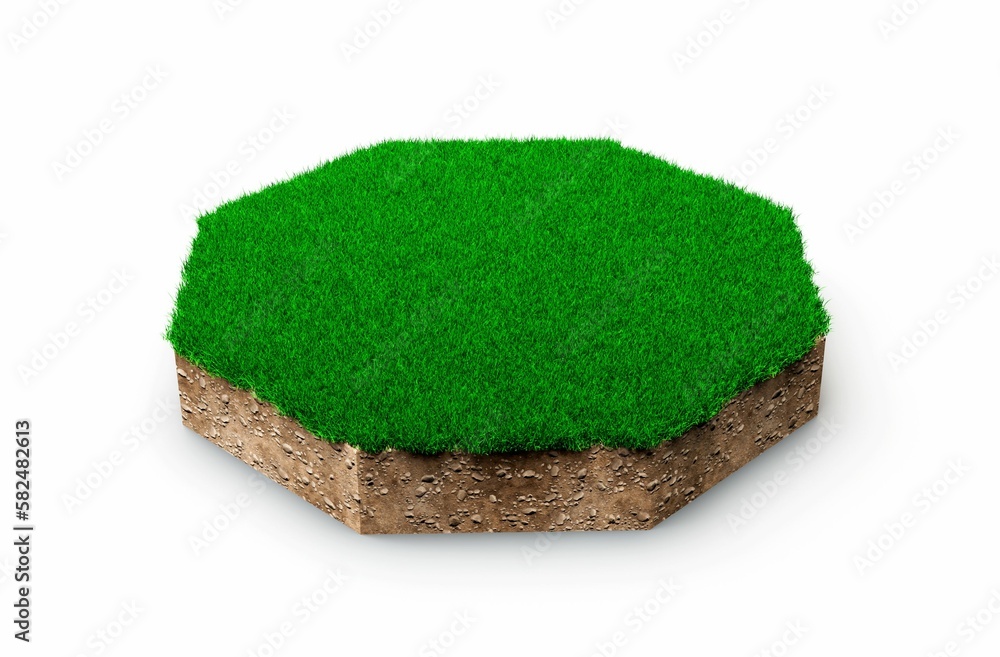 Poster 3d rendering of an octagonal shape soil land geology cross section with green grass