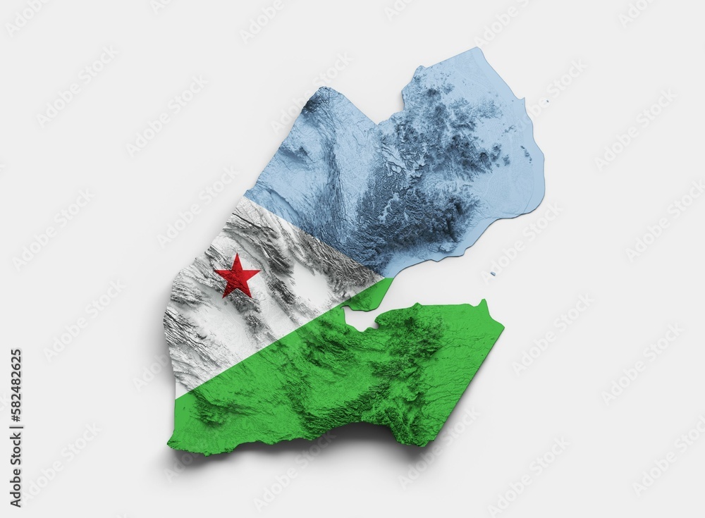 Wall mural 3D rendering of the Djibouti map flag with shaded relief