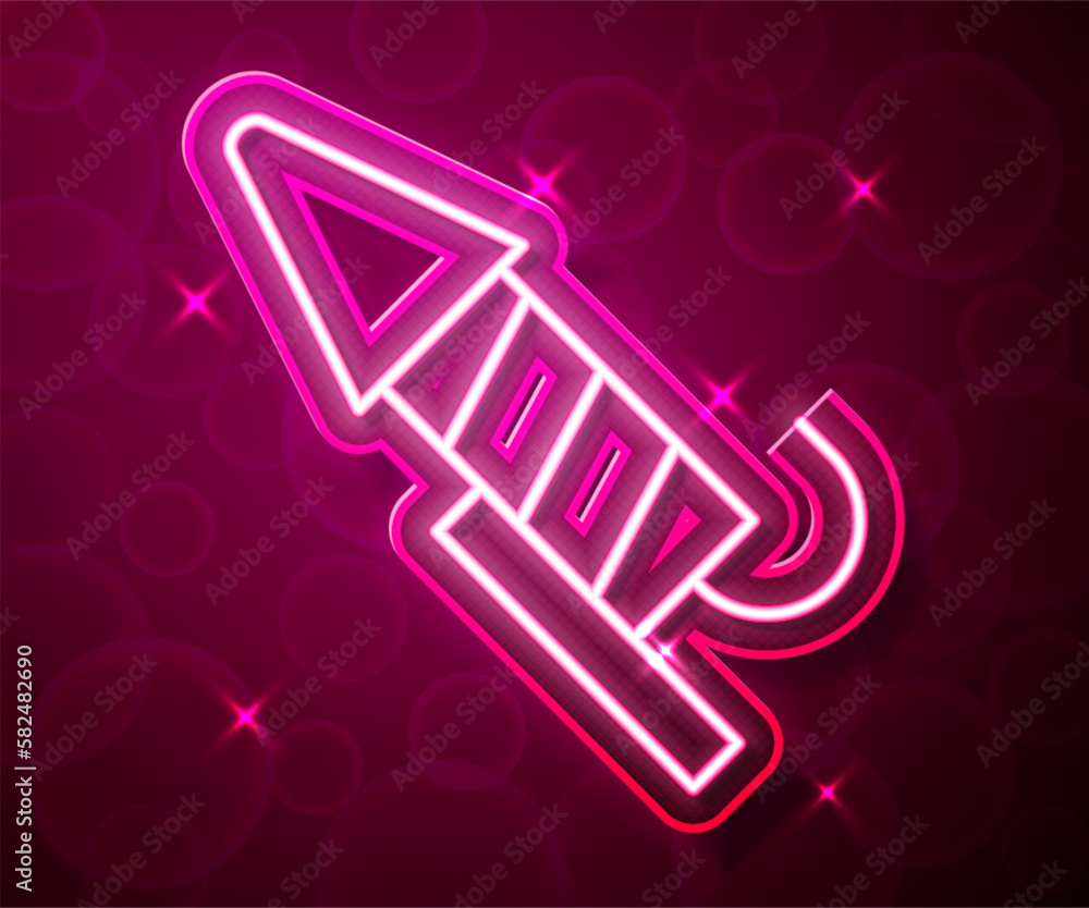 Poster glowing neon line firework rocket icon isolated on red background. concept of fun party. explosive p