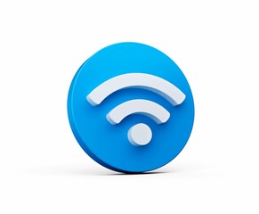 3D-rendered blue button with a Wi-Fi symbol isolated on white background
