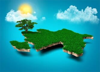 A 3D Azerbaijan-shaped map geology cross section with grass on a blue background with clouds and sun