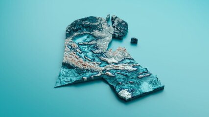 3D-rendered topographic Kuwait-shaped map geology cross section with spectral shaded relief