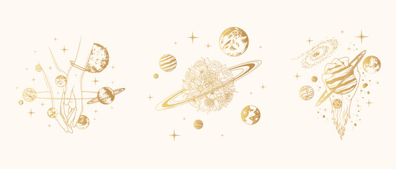 Golden celestial space compositions with woman  hands and floral planet surrounded by  other planets. Three vector illustrations isolated on white background for greeting card and poster. © Kirill