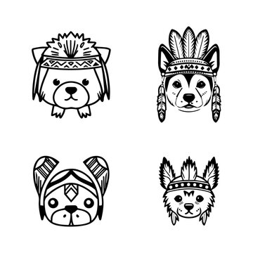 A set of cute kawaii anime dog heads wearing Indian chief accessories, depicted in Hand drawn line art illustrations