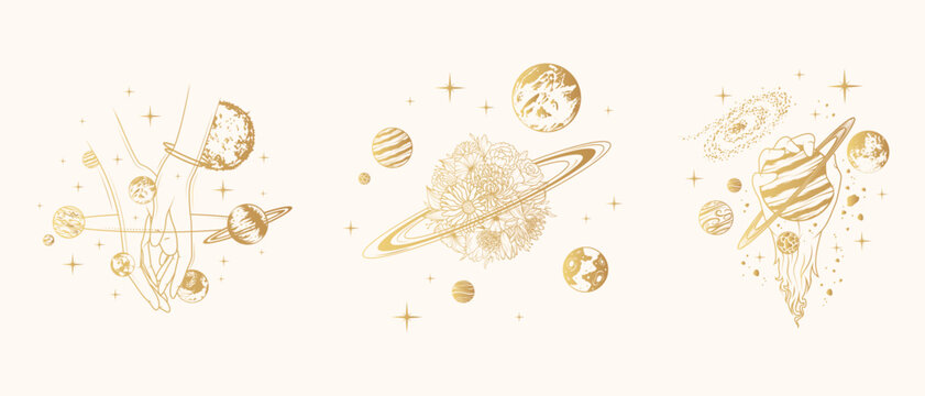 Golden celestial space compositions with woman  hands and floral planet surrounded by  other planets. Three vector illustrations isolated on white background for greeting card and poster.