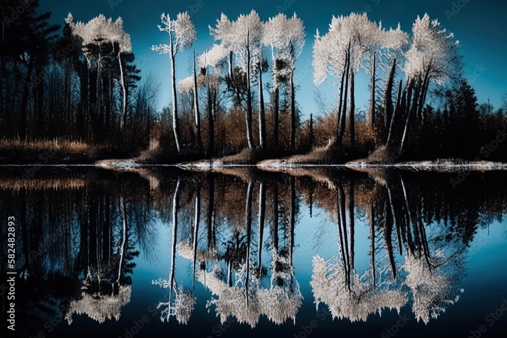 Poster panoramic view of trees reflected in a lake generative ai