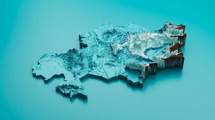 3D render of a topographic map of Kazakhstan on an isolated bright blue background