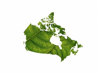 Creative map of Canada shaped with a bright green leaf on an isolated white background