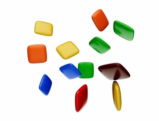 Flying colorful square chocolate candies isolated on white background