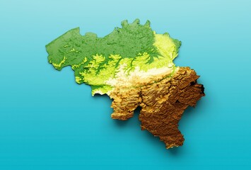 3D render of the Belgium map shaded relief color height map on the blue sea Background