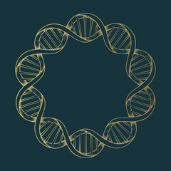 Golden DNA spiral frame. Hand drawn mystical border isolated on black background. Vector illustration for greeting card, cover or invitation.
