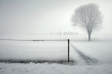Frosty Football Pitch in a Rural Bavarian Winter Wonderland. Generative AI