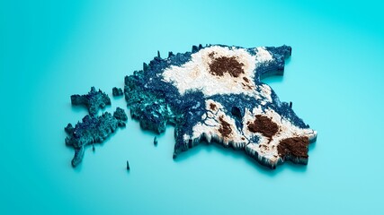 3D rendering of Estonia map with shaded relief