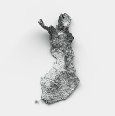 3D rendering of Finland map shaded relief on a white background