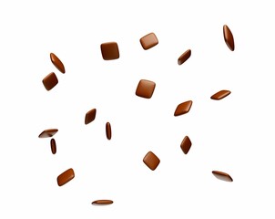 Chocolate candies flying in the air on a white background