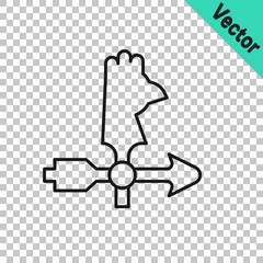 Black line Rooster weather vane icon isolated on transparent background. Weathercock sign. Windvane rooster. Vector