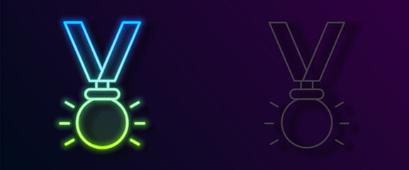 Glowing neon line Medal icon isolated on black background. Winner symbol. Vector
