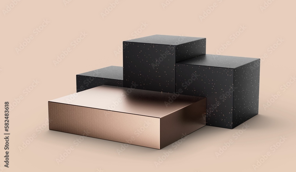 Poster 3d rendering of a rose-gold cube with 3 spotted black cubes isolated on a cream-colored background