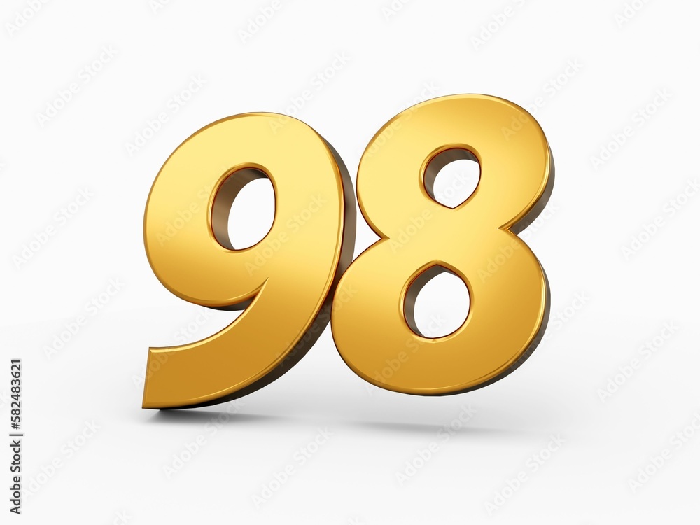 Poster 3d rendering of the number 98 in shiny golden letters casting a shadow, isolated on white