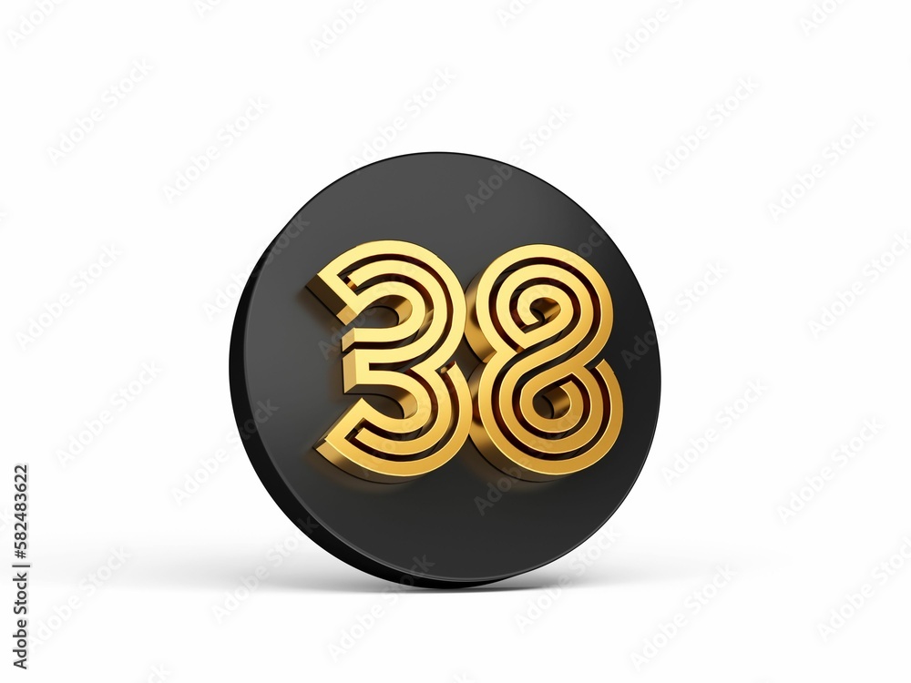 Poster 3d rendering of a shiny number 38 in the royal gold modern font on a black circle isolated on white
