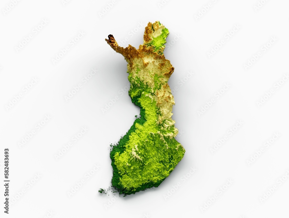 Poster 3d map of finland with shaded height map on an isolated white background