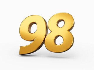 3D rendering of the number 98 in shiny golden letters casting a shadow, isolated on white