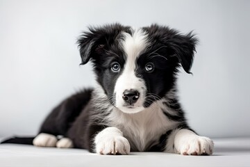 Naklejka na ściany i meble border collie puppy photo with a ball on a white background. Generative AI