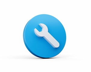 3D rendered blue circle with an icon of a wrench displayed on it, isolated on a white background