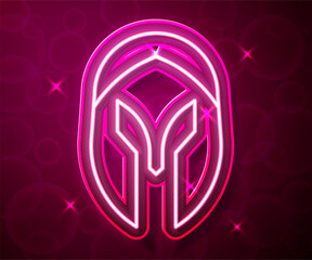 Glowing neon line Medieval iron helmet for head protection icon isolated on red background. Knight helmet. Vector