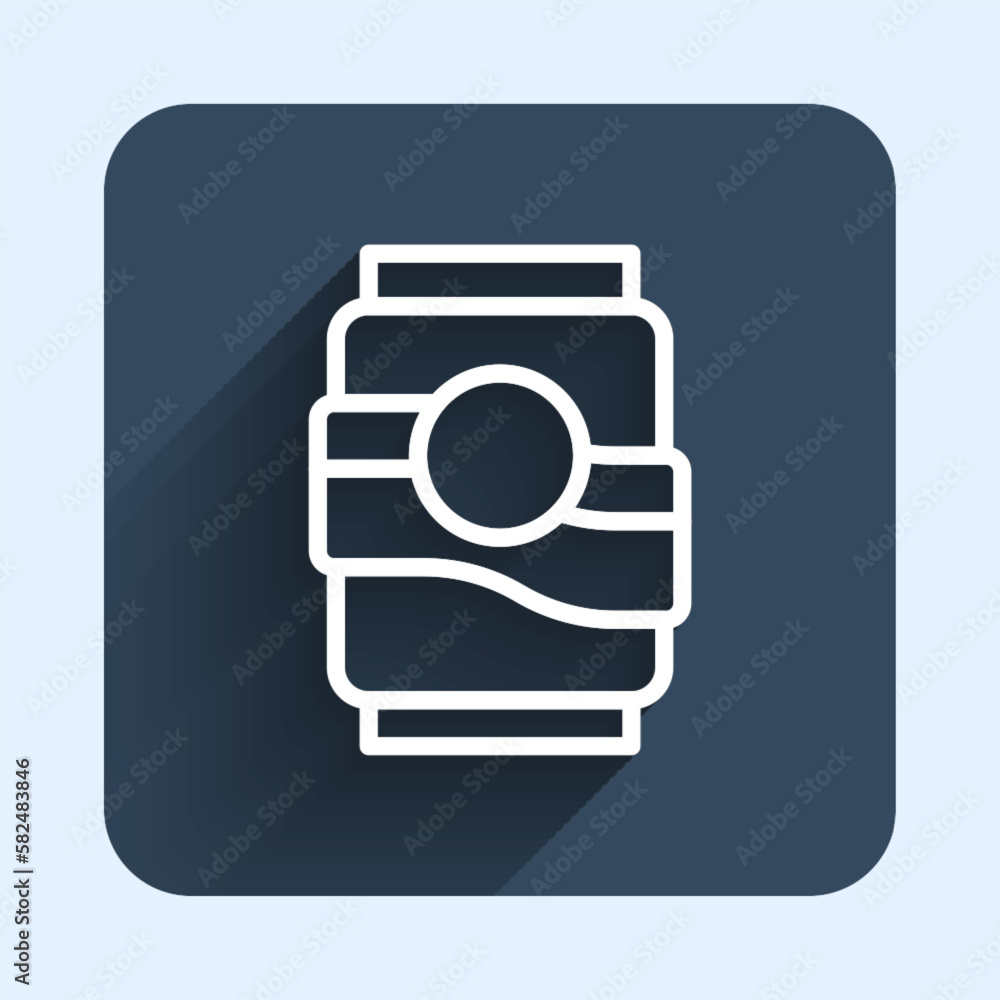 Poster white line soda can icon isolated with long shadow background. blue square button. vector
