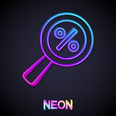Glowing neon line Magnifying glass with percent discount icon isolated on black background. Discount offers searching. Search for discount sale sign. Vector