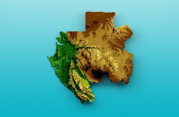 3d illustration of a shaded relief height map of Gabon on the blue sea background