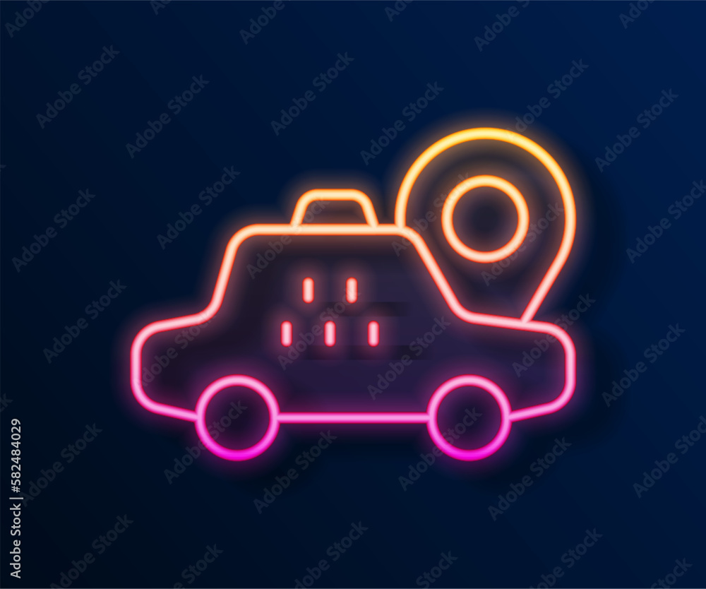 Poster glowing neon line map pointer with taxi car icon isolated on black background. location symbol. vect